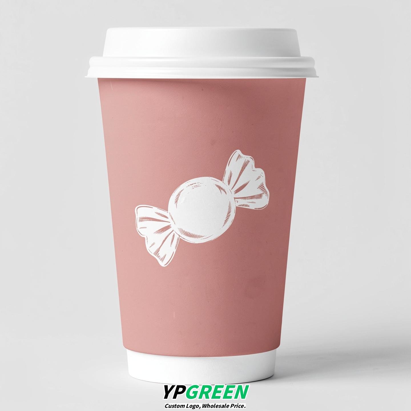 Blush Paper Cups with Candy Logo & Lids 8-24oz