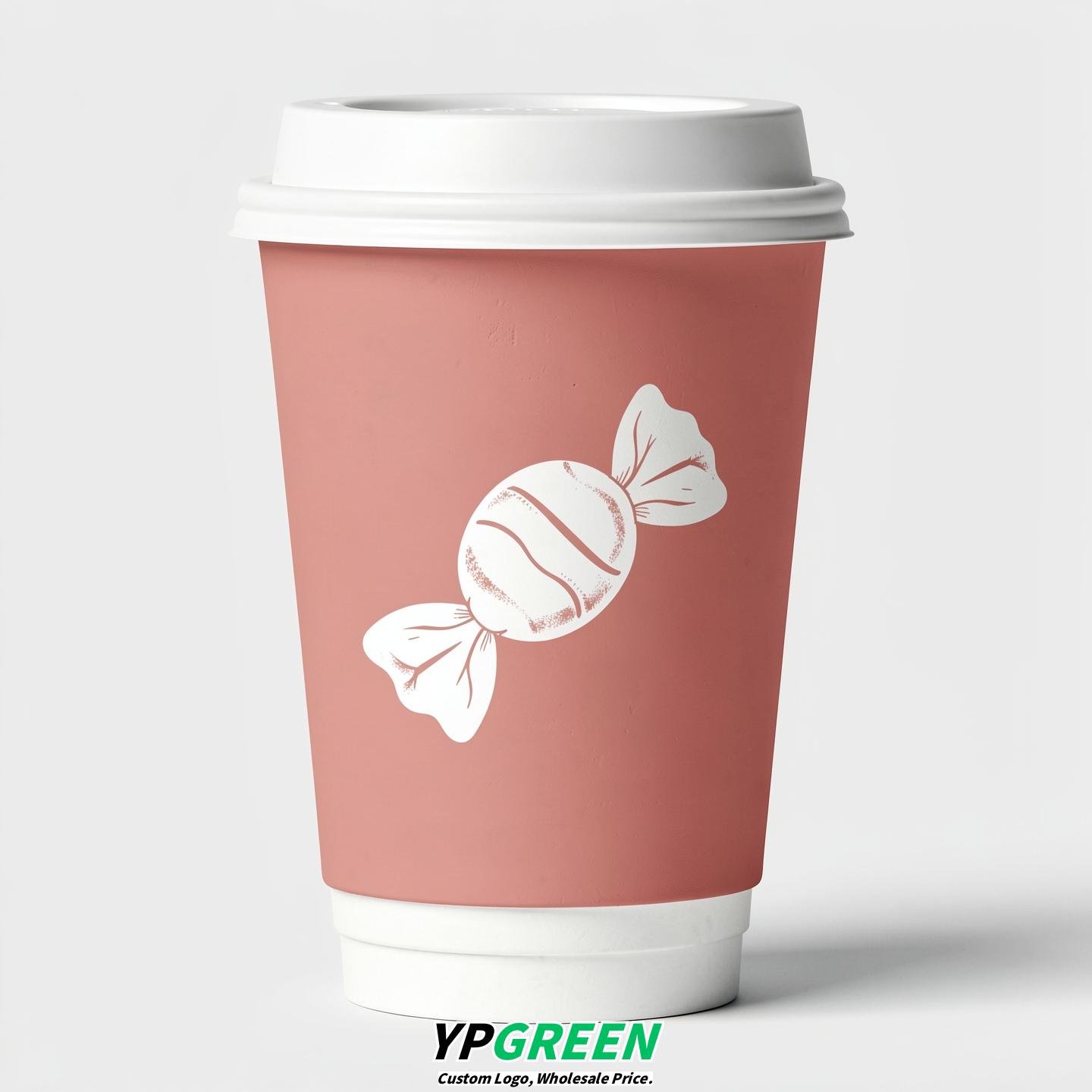 Blush Paper Cups with Candy Logo & Lids 8-24oz