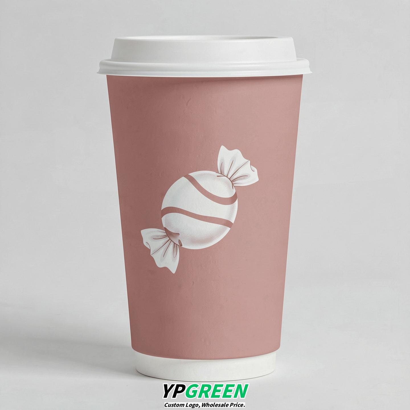 Blush Paper Cups with Candy Logo & Lids 8-24oz