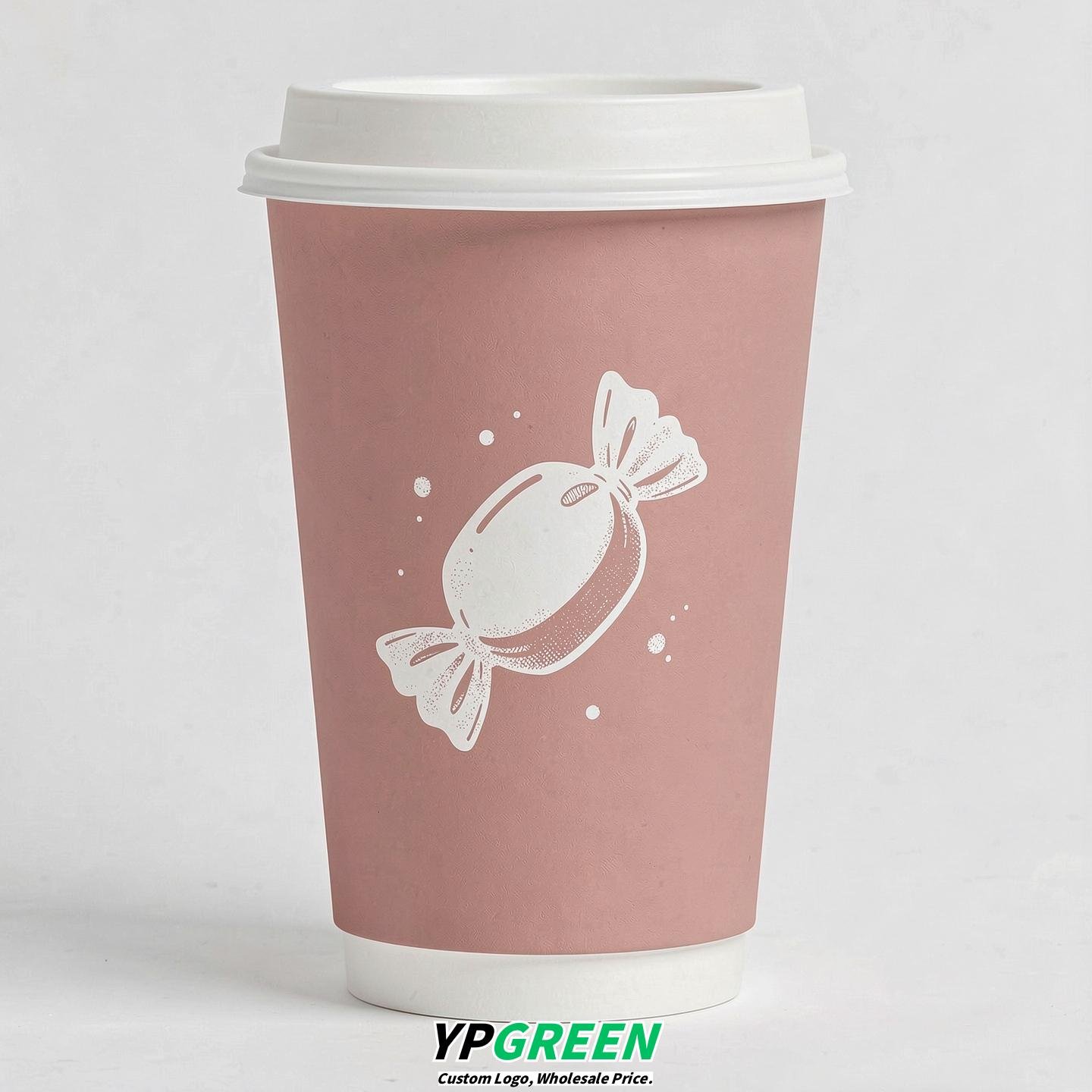 Blush Paper Cups with Candy Logo & Lids 8-24oz