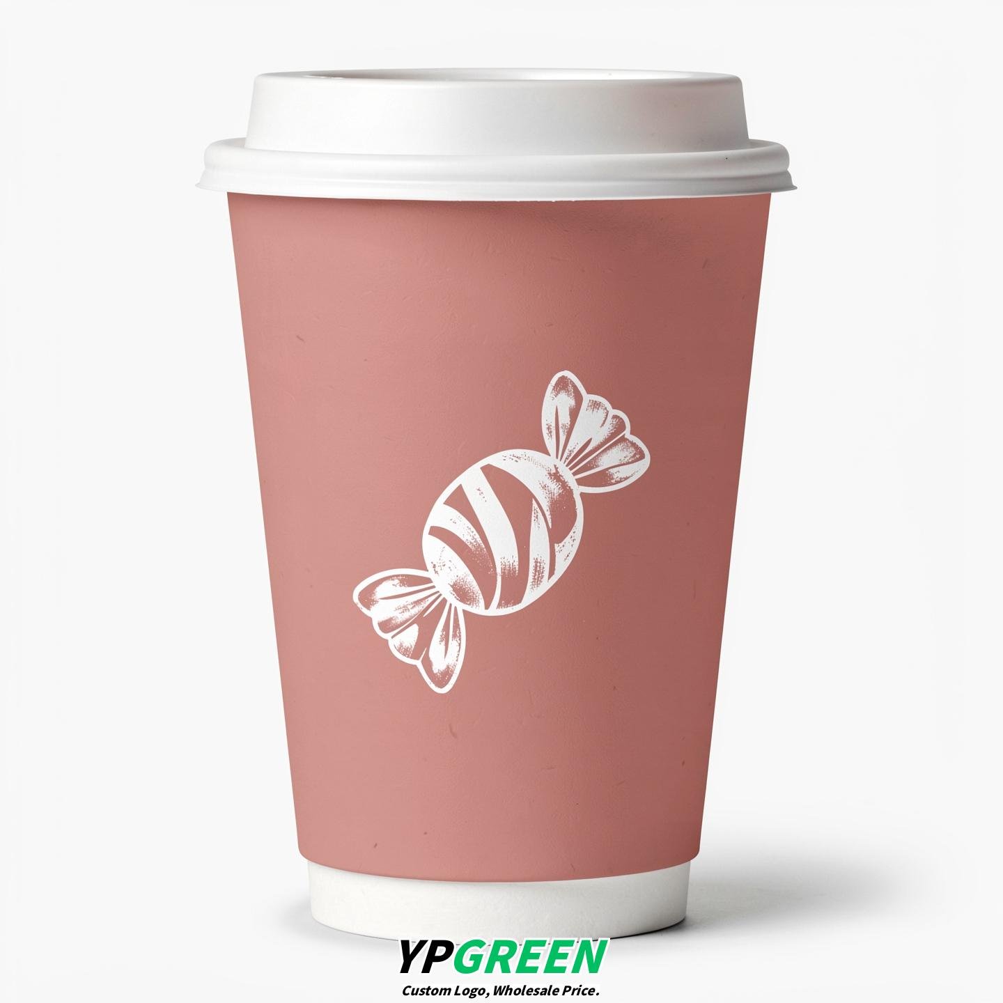 Blush Paper Cups with Candy Logo & Lids 8-24oz