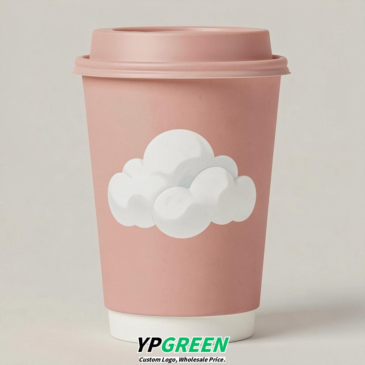 Blush Paper Cups with Clouds Logo & Lids 8-24oz