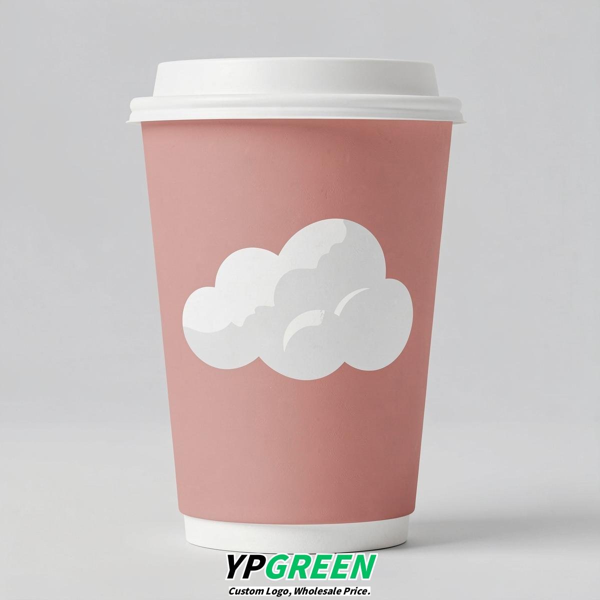 Blush Paper Cups with Clouds Logo & Lids 8-24oz