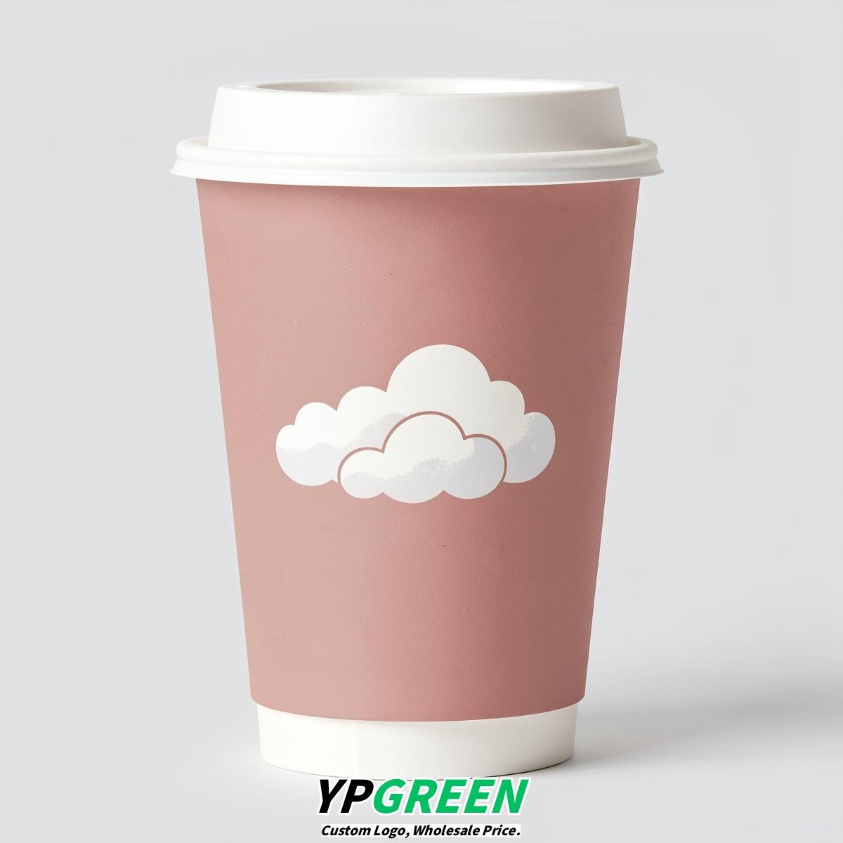 Blush Paper Cups with Clouds Logo & Lids 8-24oz