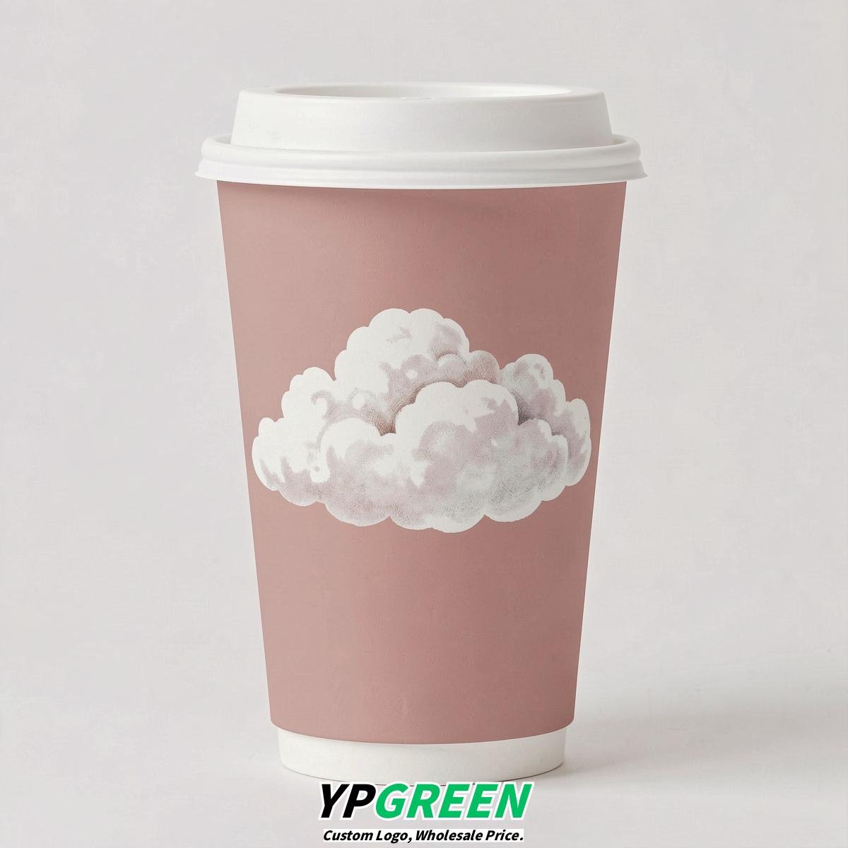 Blush Paper Cups with Clouds Logo & Lids 8-24oz