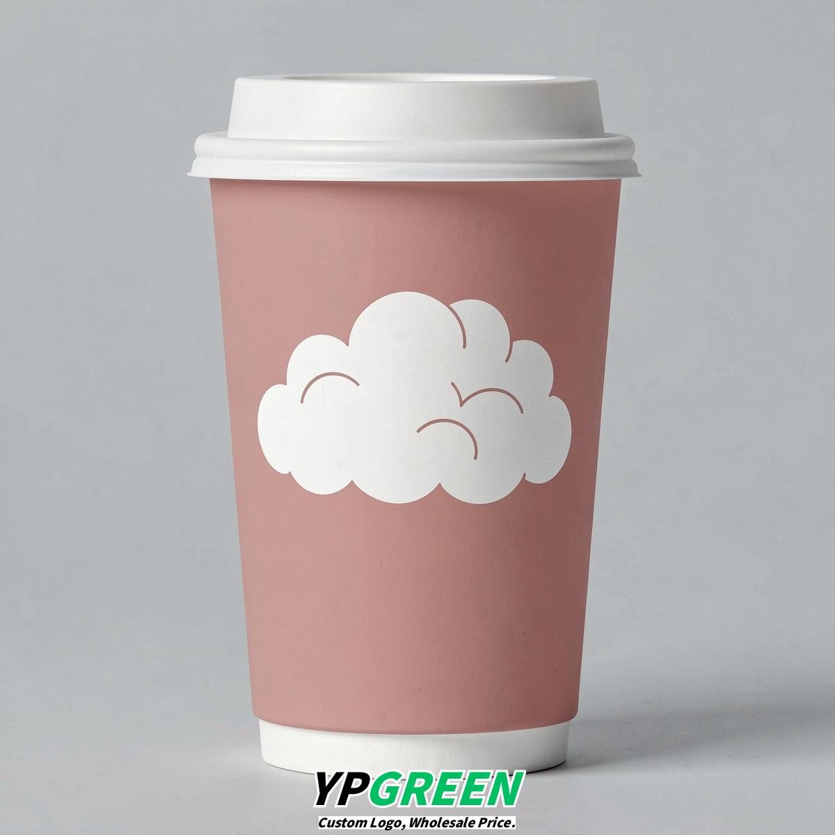 Blush Paper Cups with Clouds Logo & Lids 8-24oz