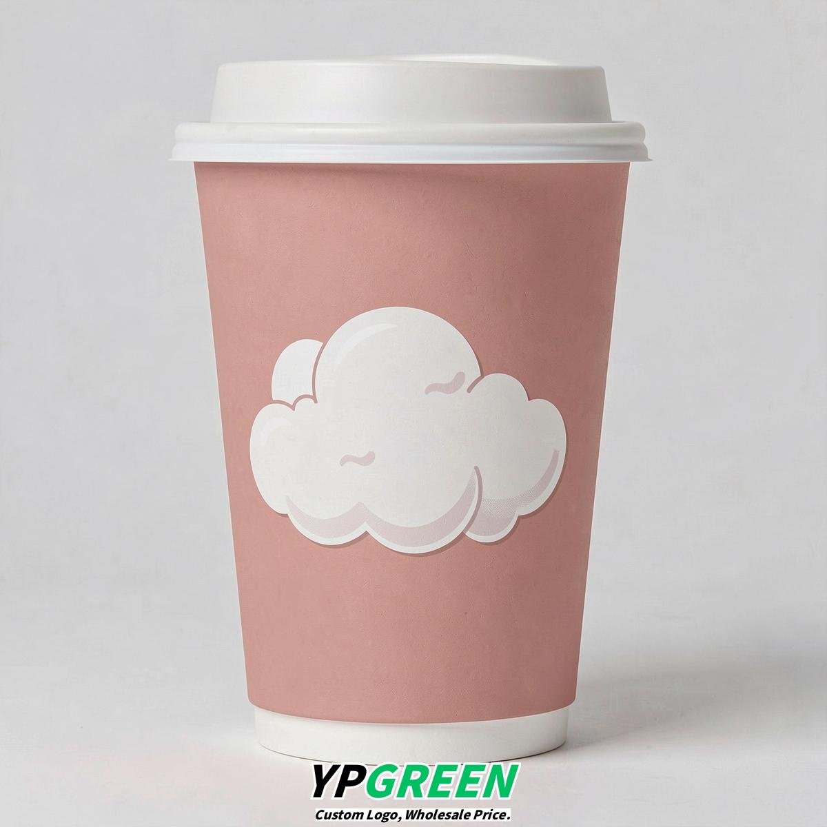 Blush Paper Cups with Clouds Logo & Lids 8-24oz