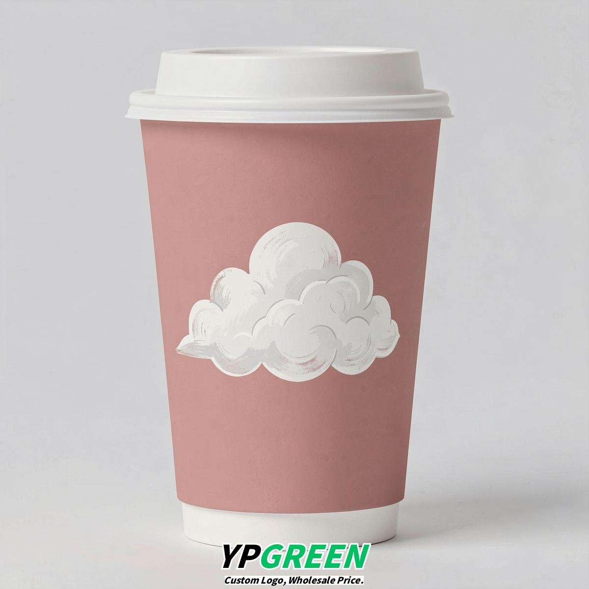 Blush Paper Cups with Clouds Logo & Lids 8-24oz
