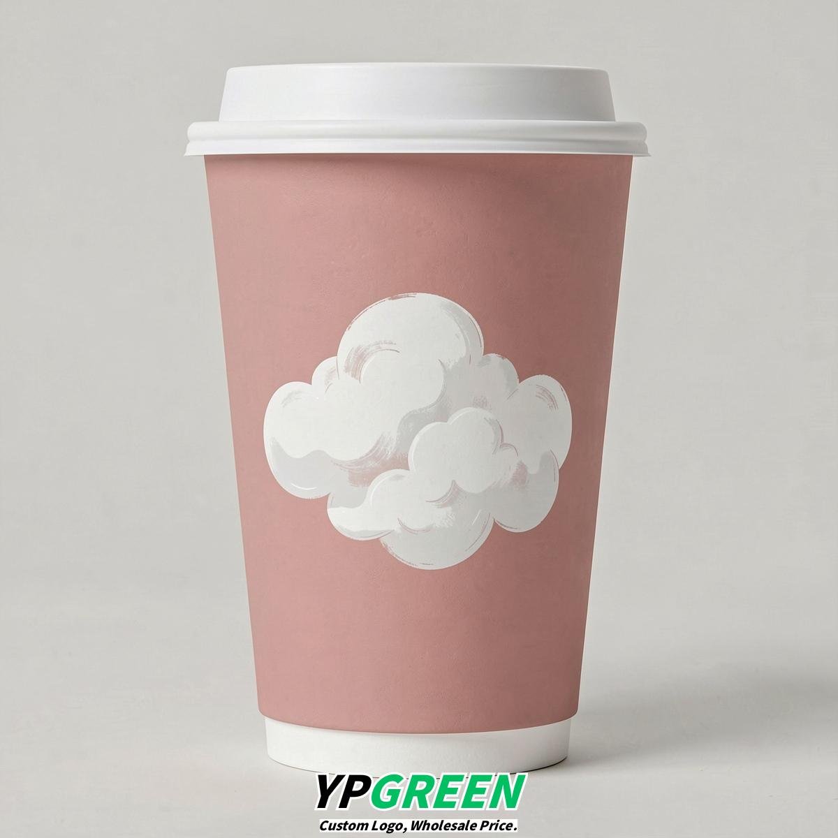 Blush Paper Cups with Clouds Logo & Lids 8-24oz