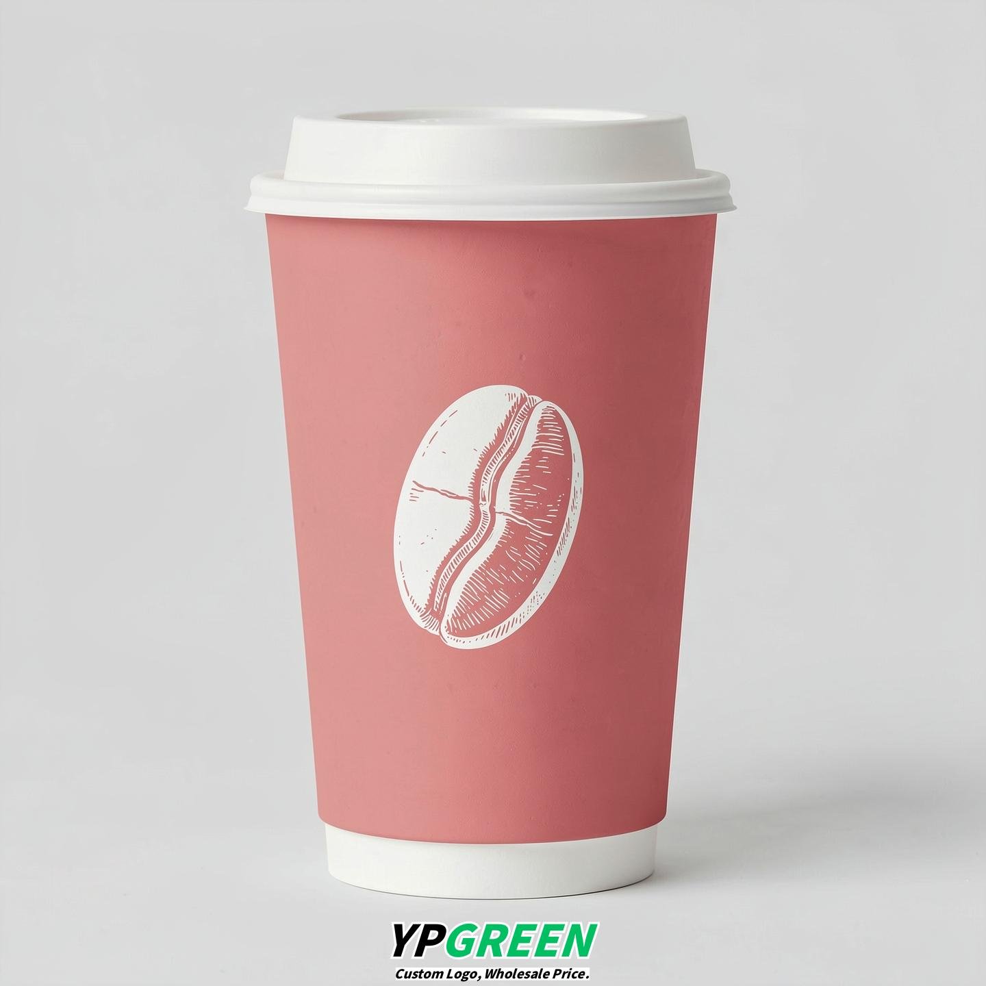 Blush Paper Cups with Coffee Bean Logo & Lids 8-24oz