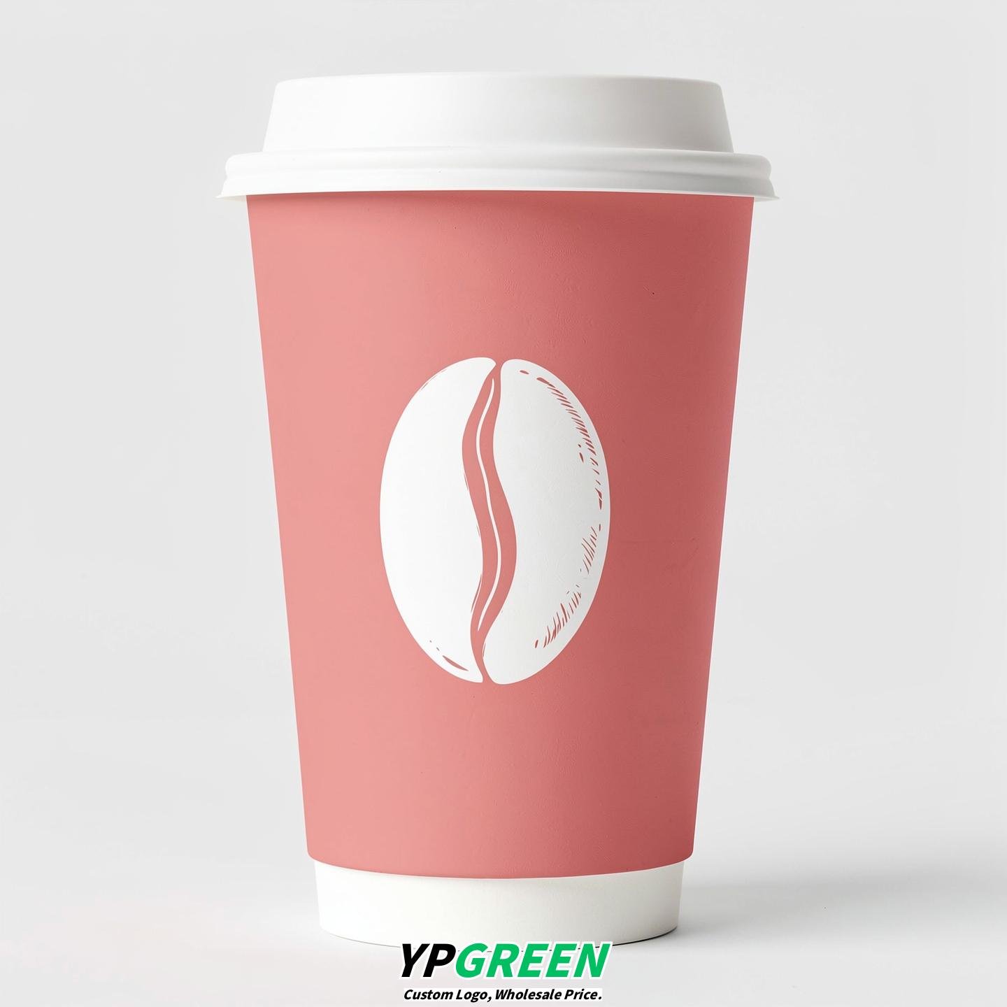 Blush Paper Cups with Coffee Bean Logo & Lids 8-24oz
