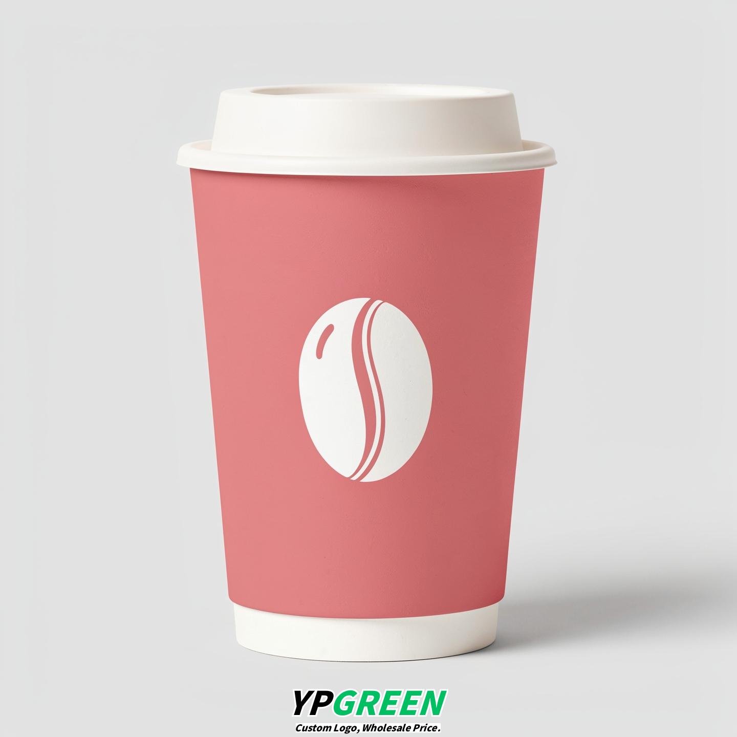 Blush Paper Cups with Coffee Bean Logo & Lids 8-24oz