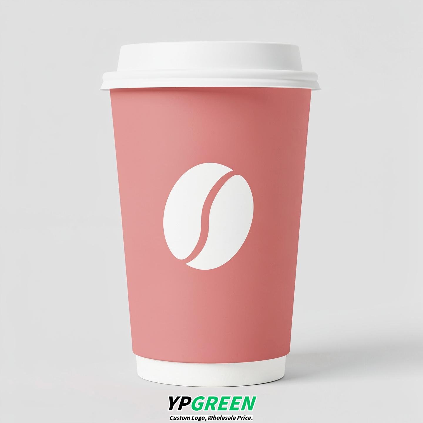 Blush Paper Cups with Coffee Bean Logo & Lids 8-24oz