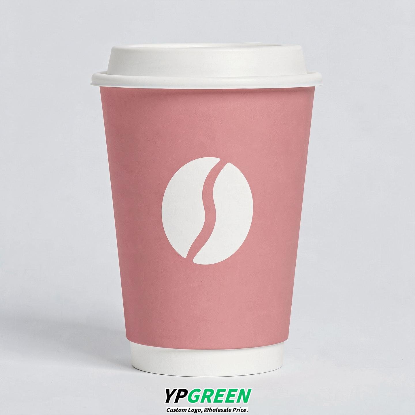 Blush Paper Cups with Coffee Bean Logo & Lids 8-24oz