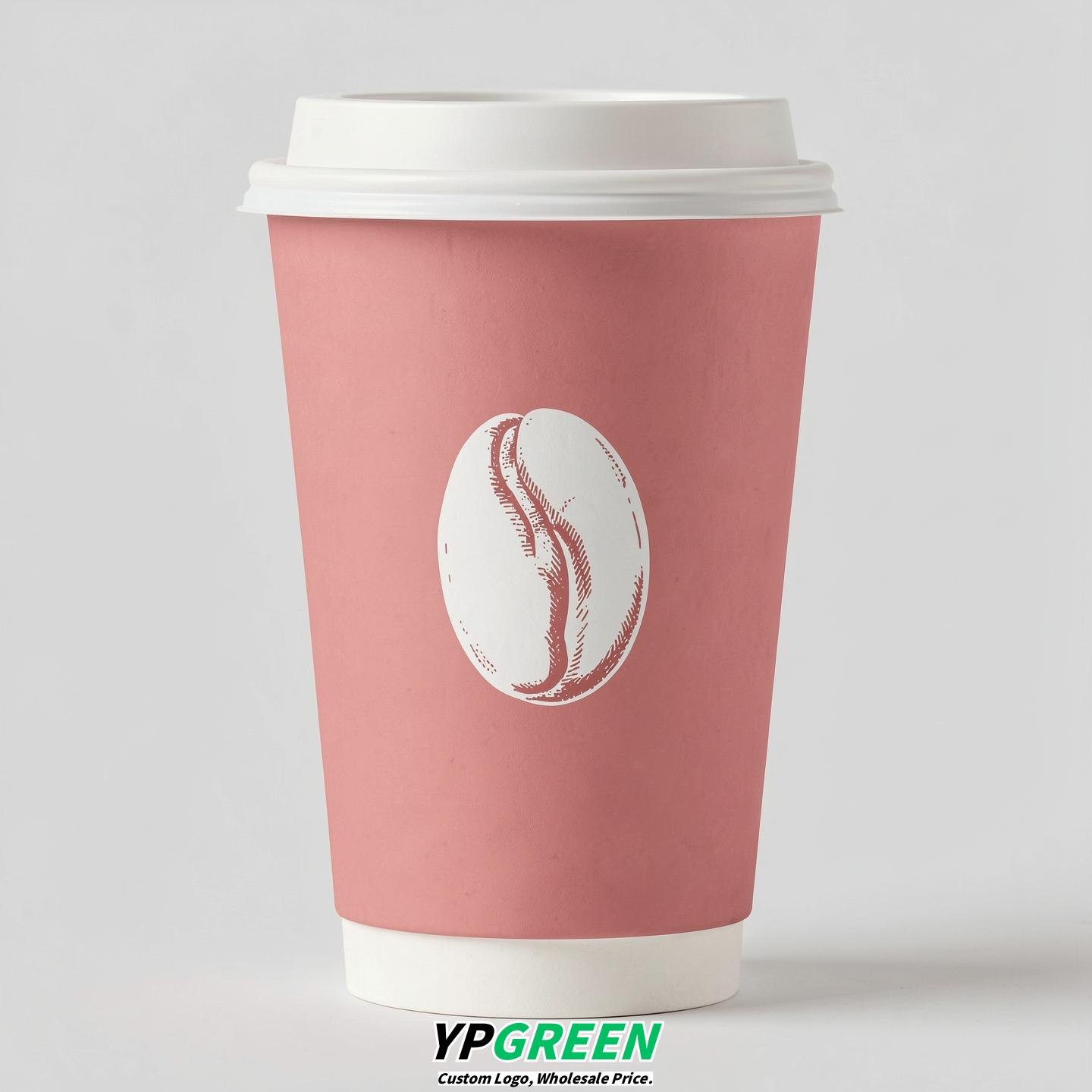 Blush Paper Cups with Coffee Bean Logo & Lids 8-24oz