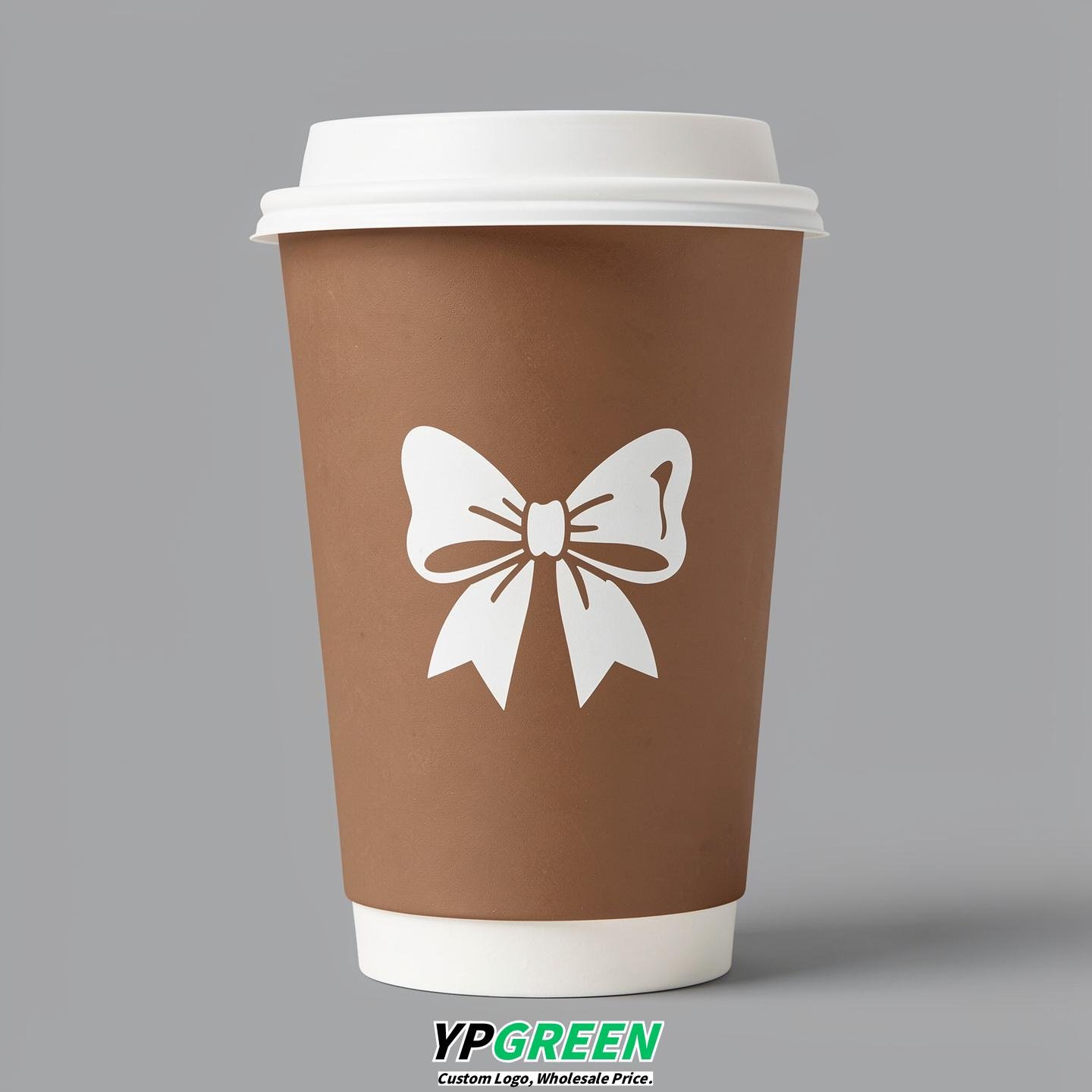 Bronze Paper Cups with Bow Logo & Lids 8-24oz