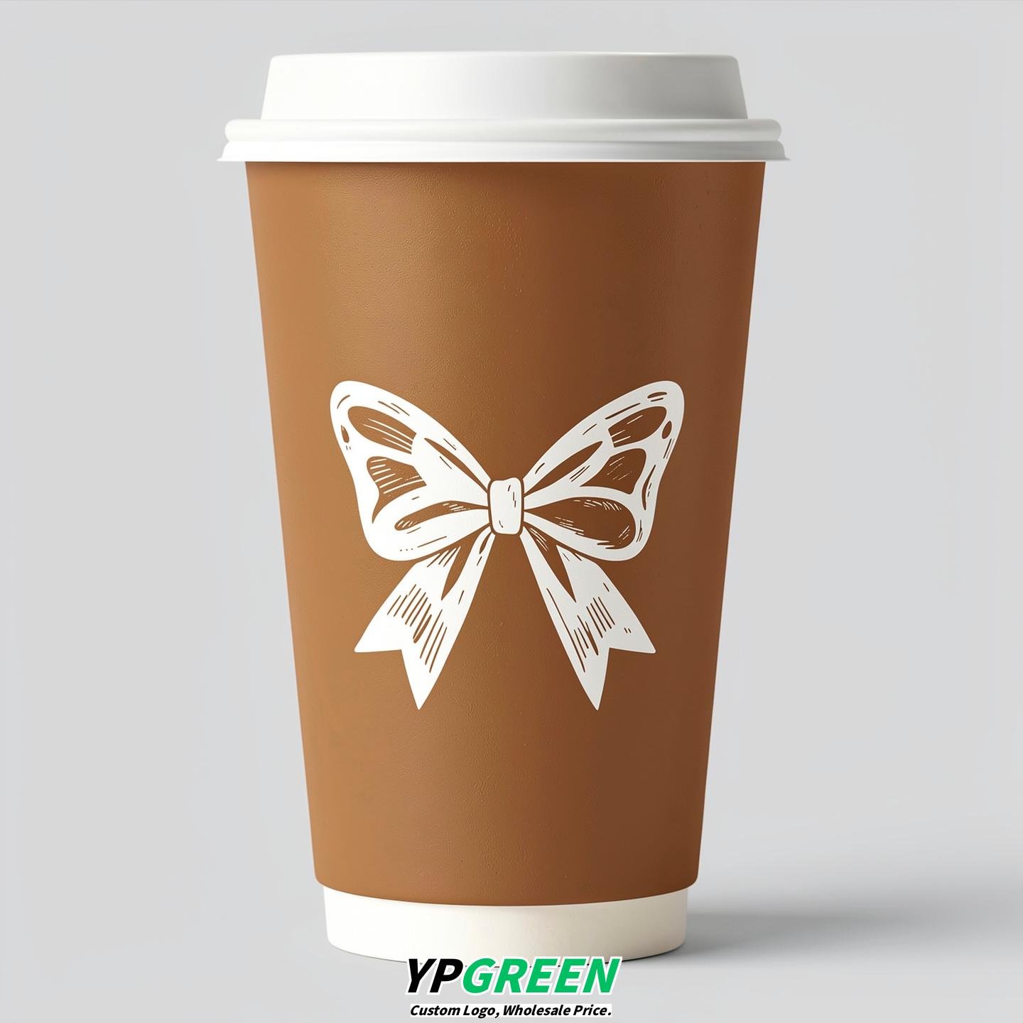 Bronze Paper Cups with Bow Logo & Lids 8-24oz