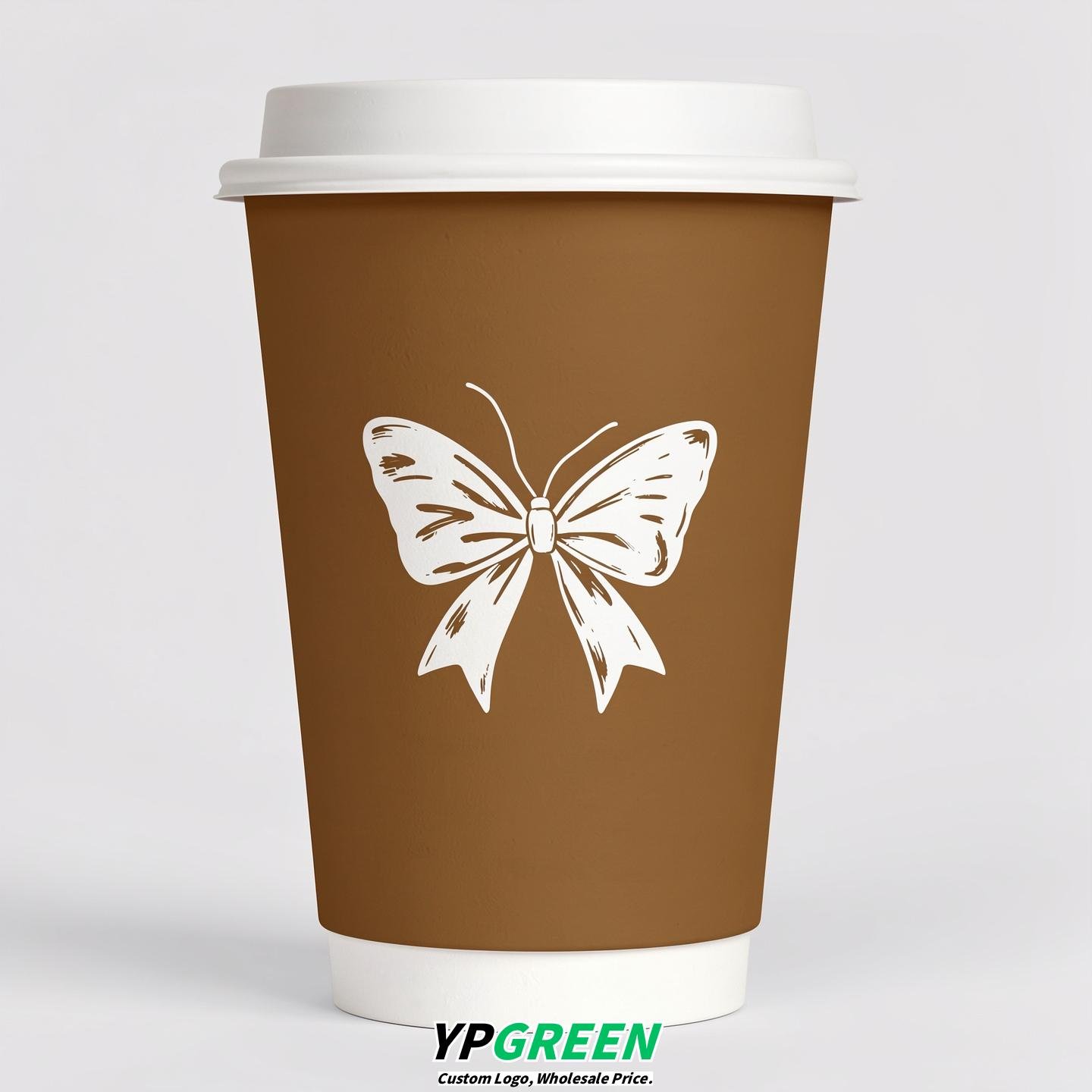 Bronze Paper Cups with Bow Logo & Lids 8-24oz