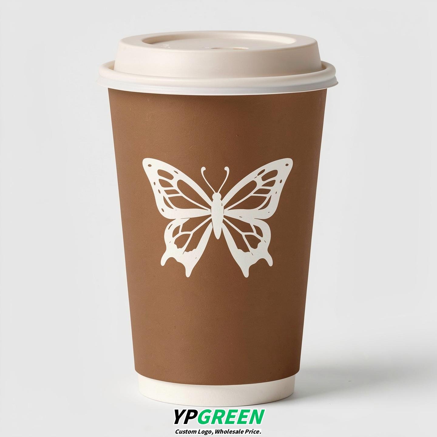Bronze Paper Cups with Bow Logo & Lids 8-24oz