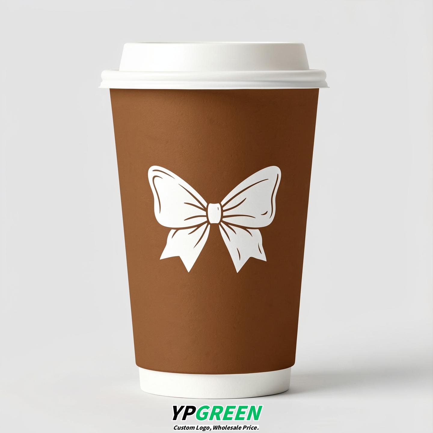 Bronze Paper Cups with Bow Logo & Lids 8-24oz