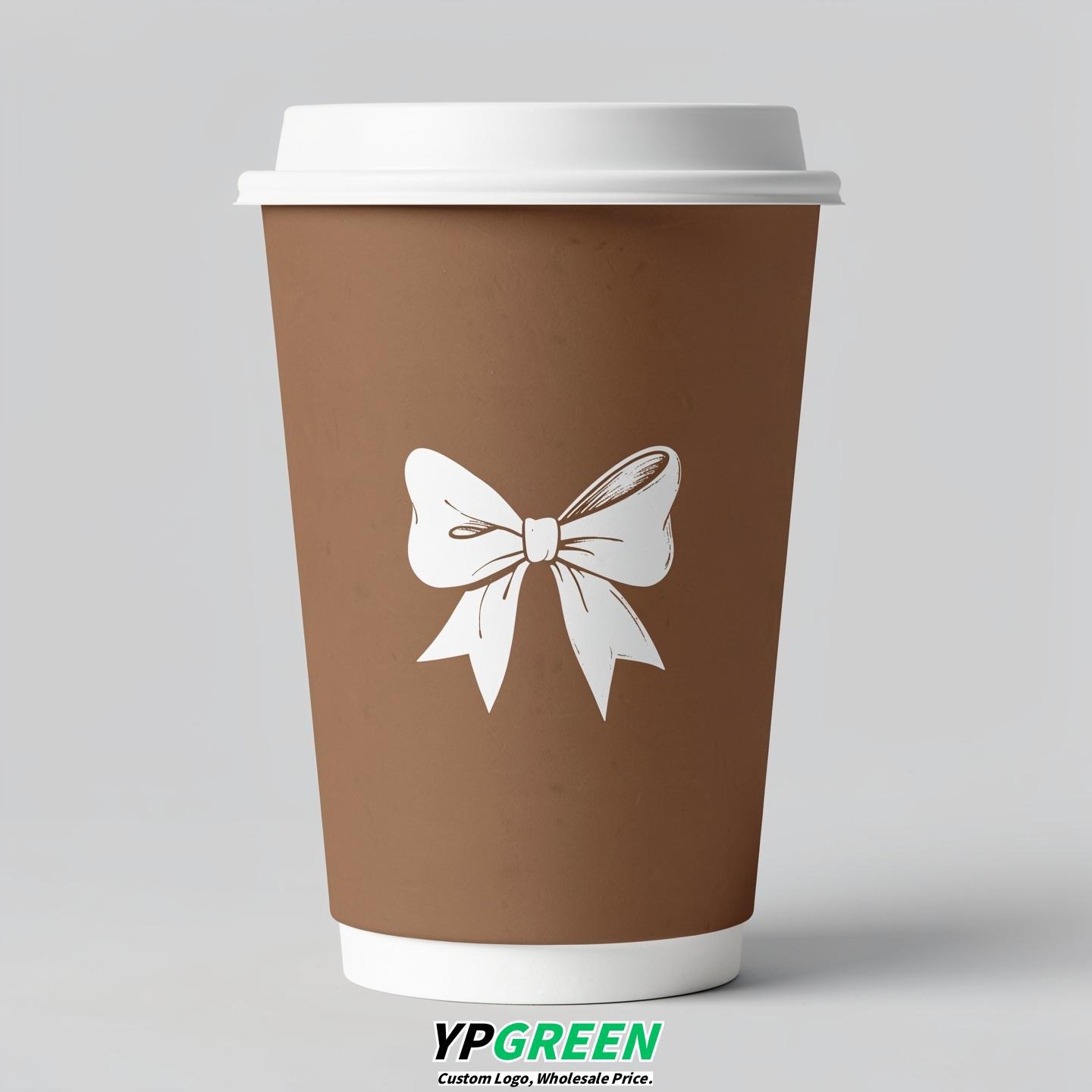 Bronze Paper Cups with Bow Logo & Lids 8-24oz