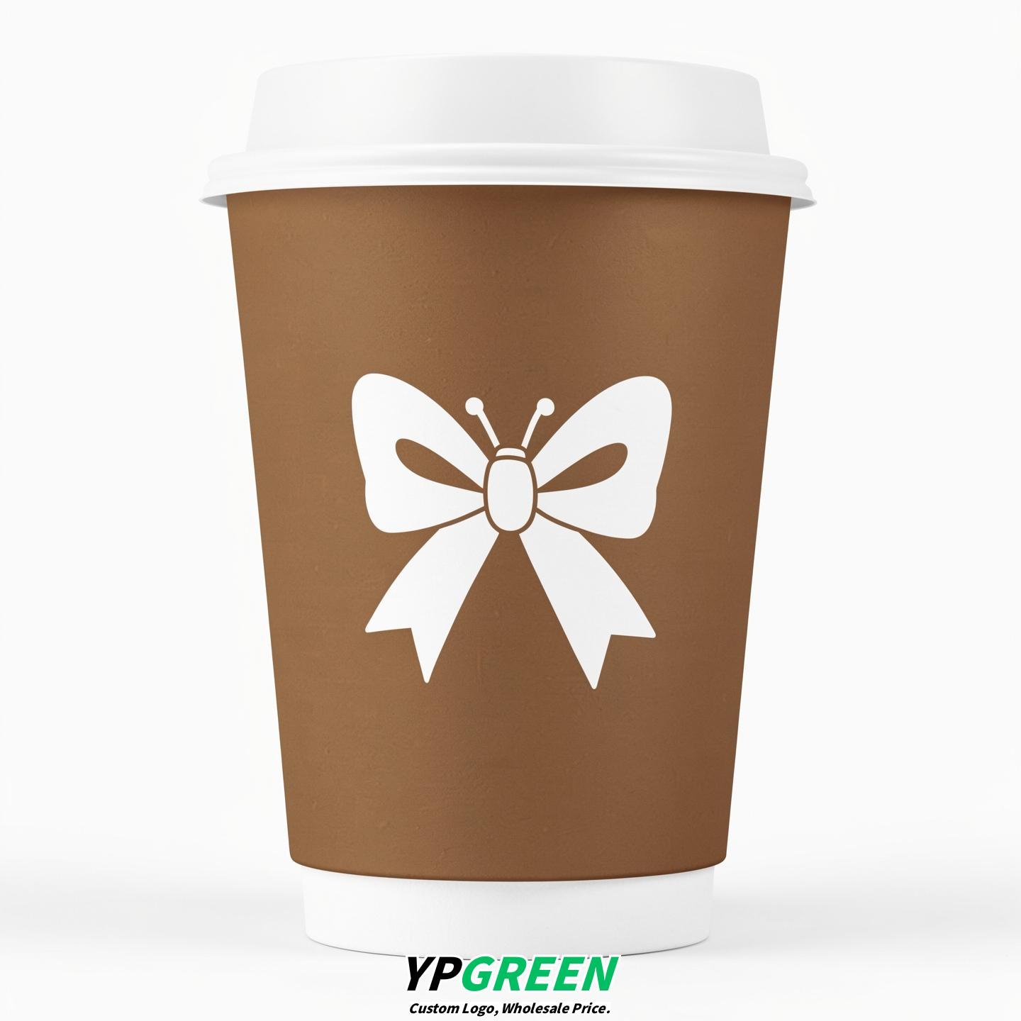 Bronze Paper Cups with Bow Logo & Lids 8-24oz