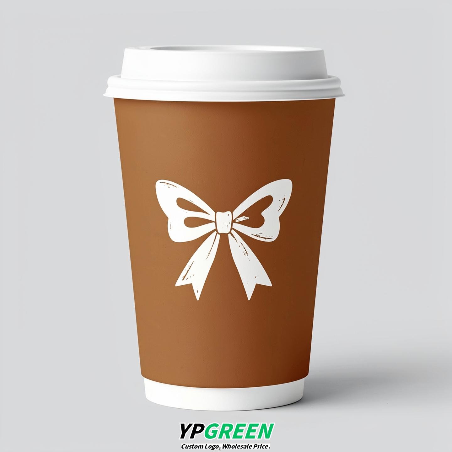Bronze Paper Cups with Bow Logo & Lids 8-24oz