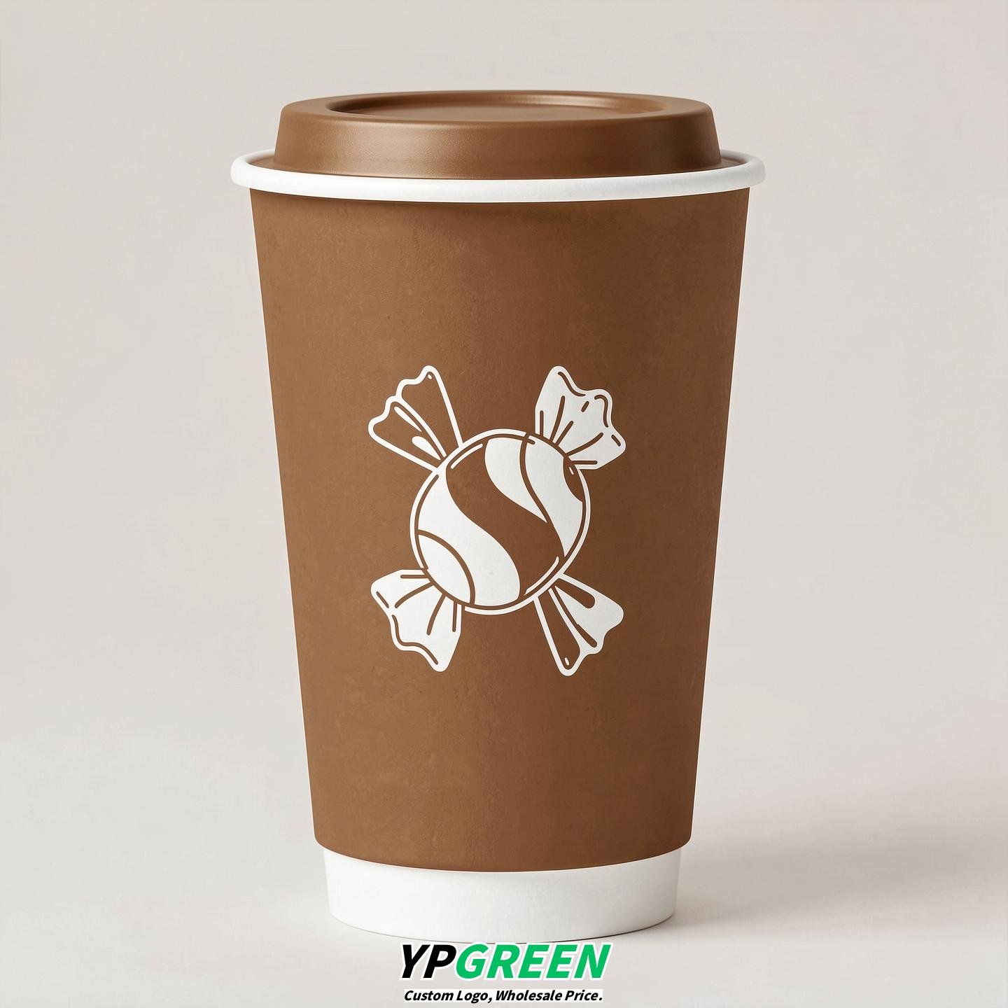 Bronze Paper Cups with Candy Logo & Lids 8-24oz