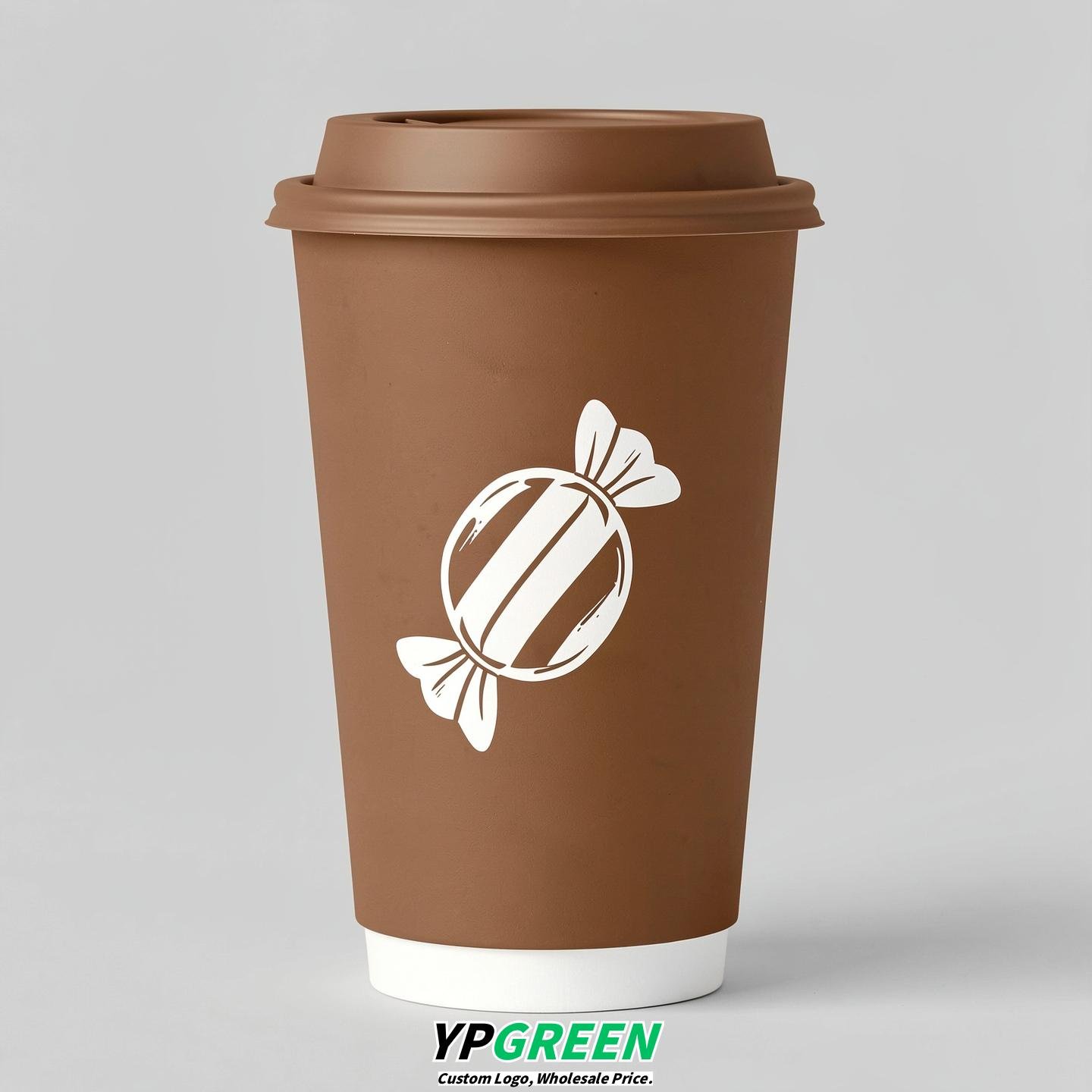 Bronze Paper Cups with Candy Logo & Lids 8-24oz