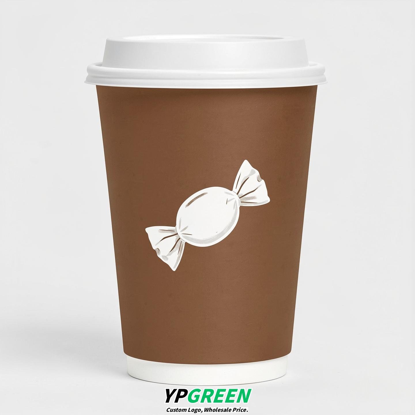 Bronze Paper Cups with Candy Logo & Lids 8-24oz