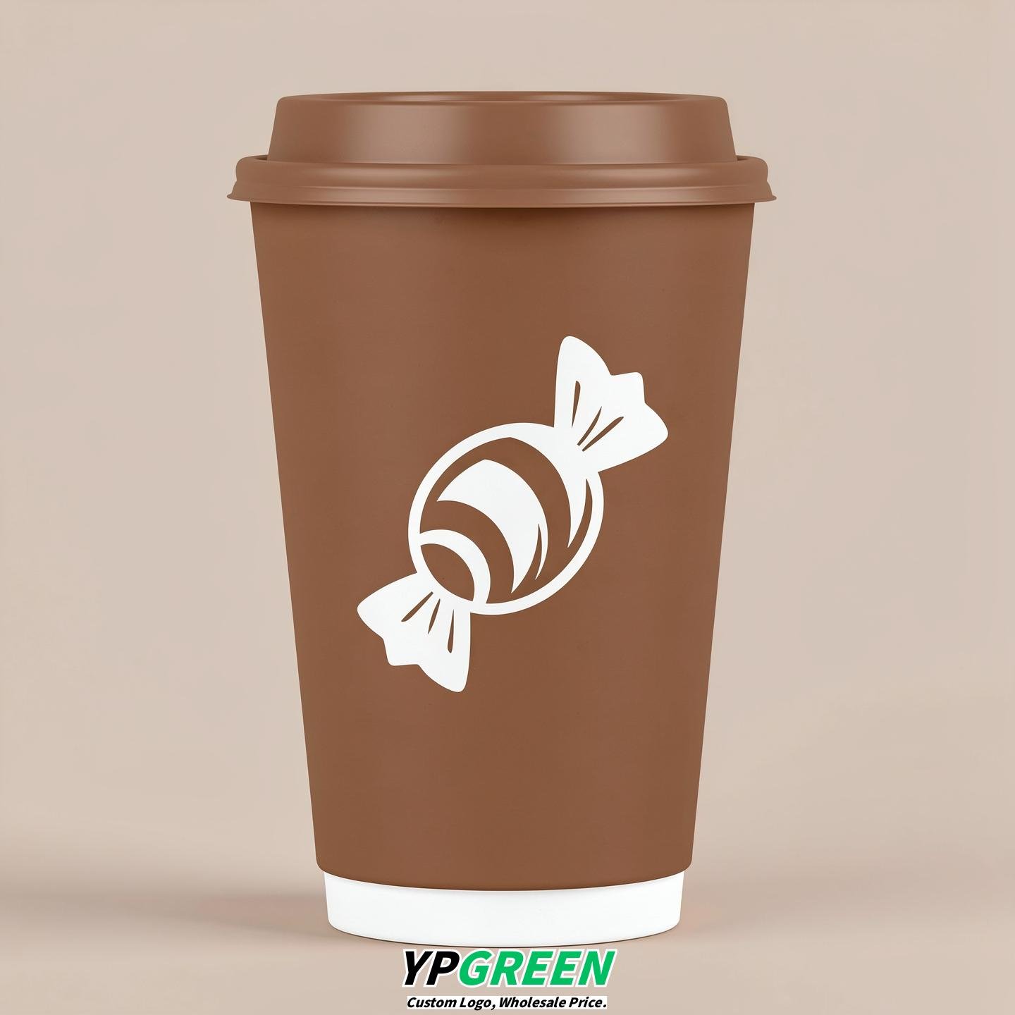 Bronze Paper Cups with Candy Logo & Lids 8-24oz