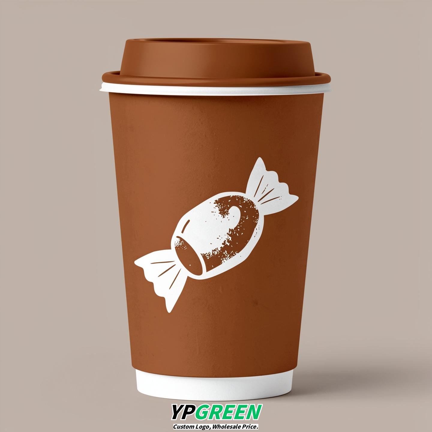 Bronze Paper Cups with Candy Logo & Lids 8-24oz