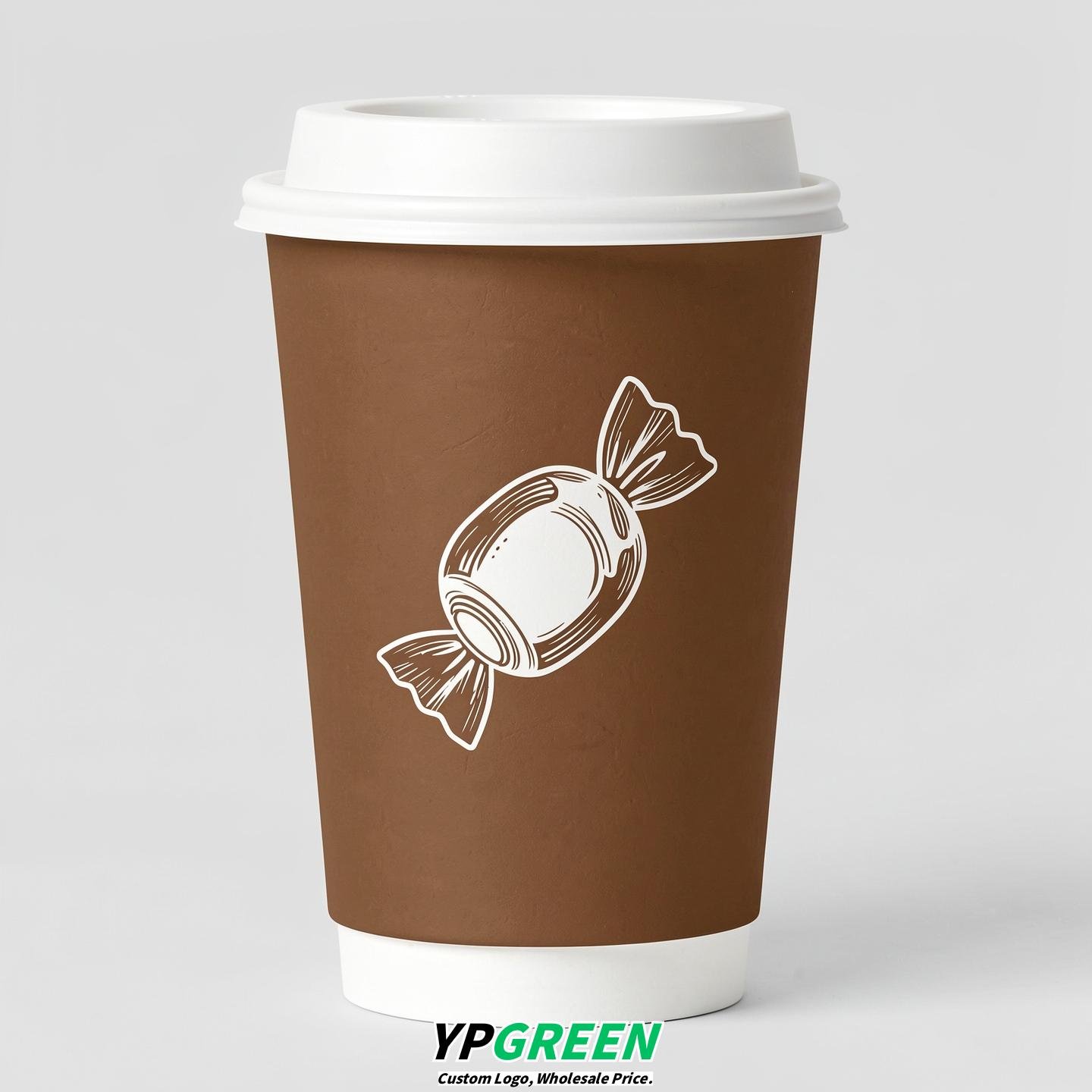 Bronze Paper Cups with Candy Logo & Lids 8-24oz
