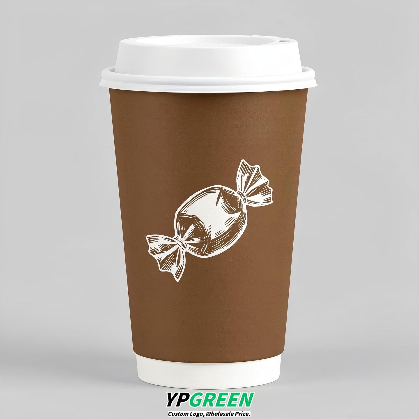 Bronze Paper Cups with Candy Logo & Lids 8-24oz