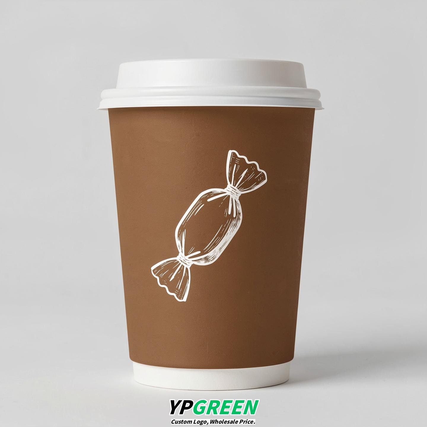 Bronze Paper Cups with Candy Logo & Lids 8-24oz