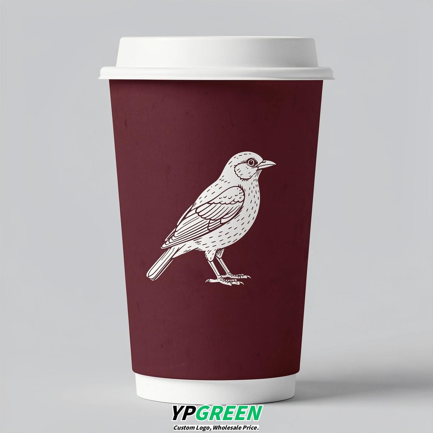 Burgundy Paper Cups with Bird Logo & Lids 8-24oz