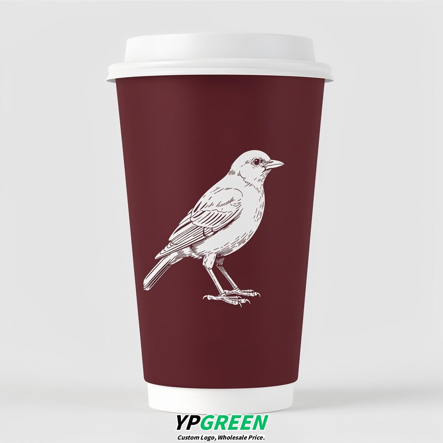 Burgundy Paper Cups with Bird Logo & Lids 8-24oz