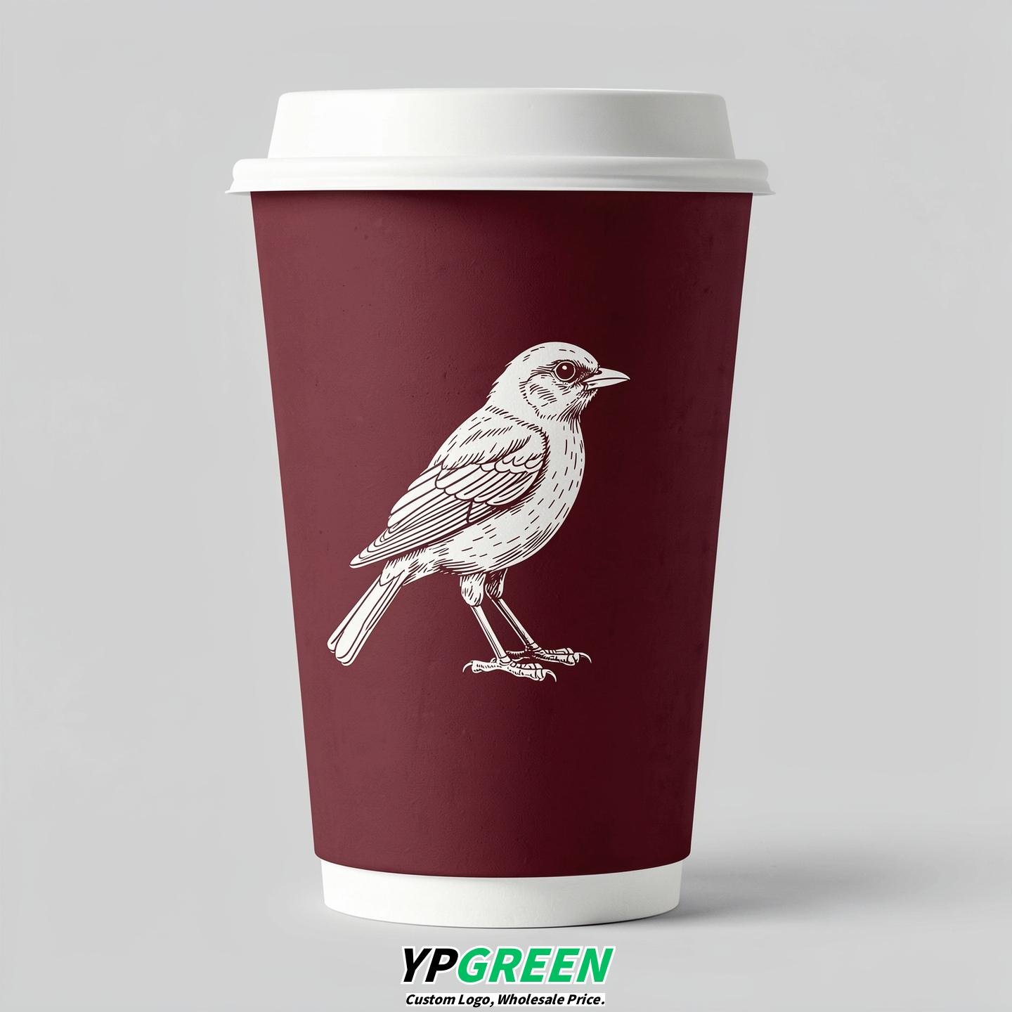 Burgundy Paper Cups with Bird Logo & Lids 8-24oz