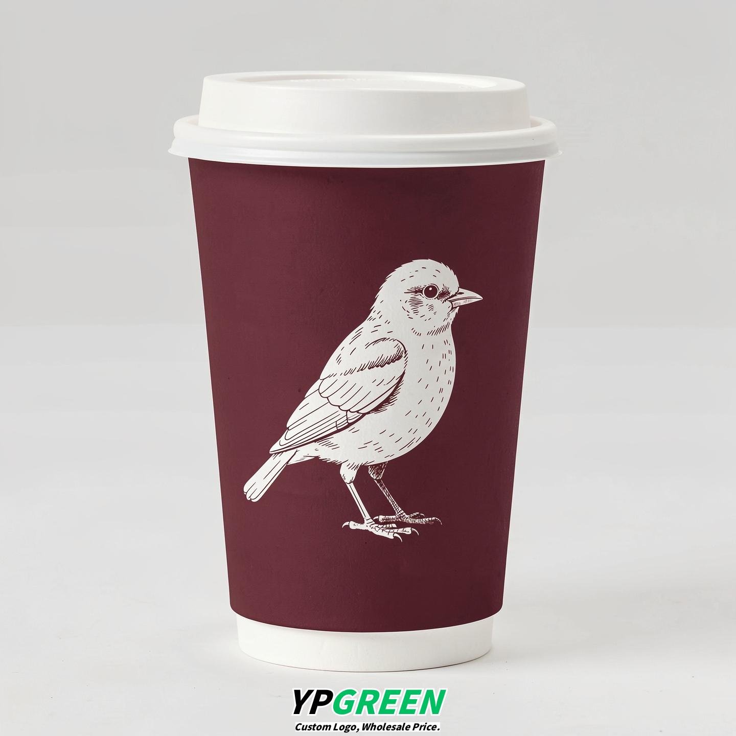 Burgundy Paper Cups with Bird Logo & Lids 8-24oz