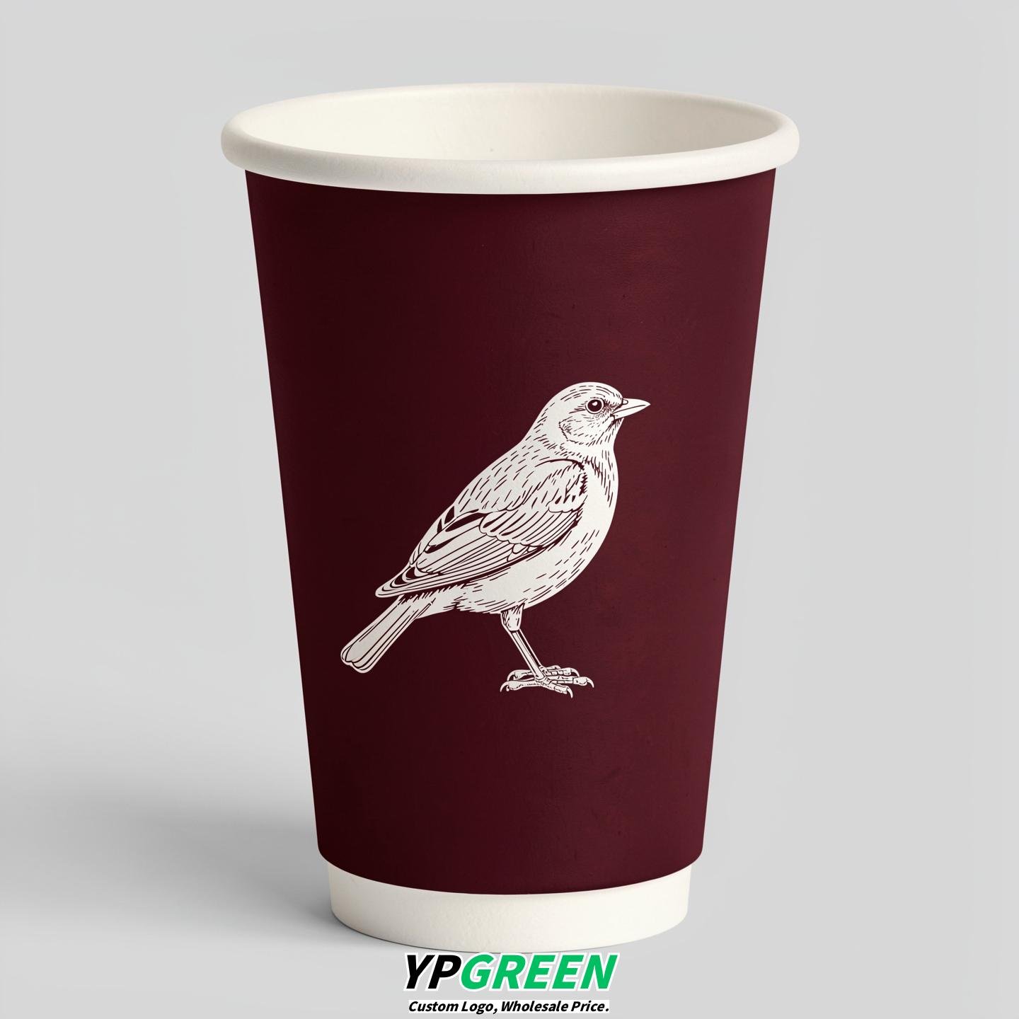 Burgundy Paper Cups with Bird Logo & Lids 8-24oz