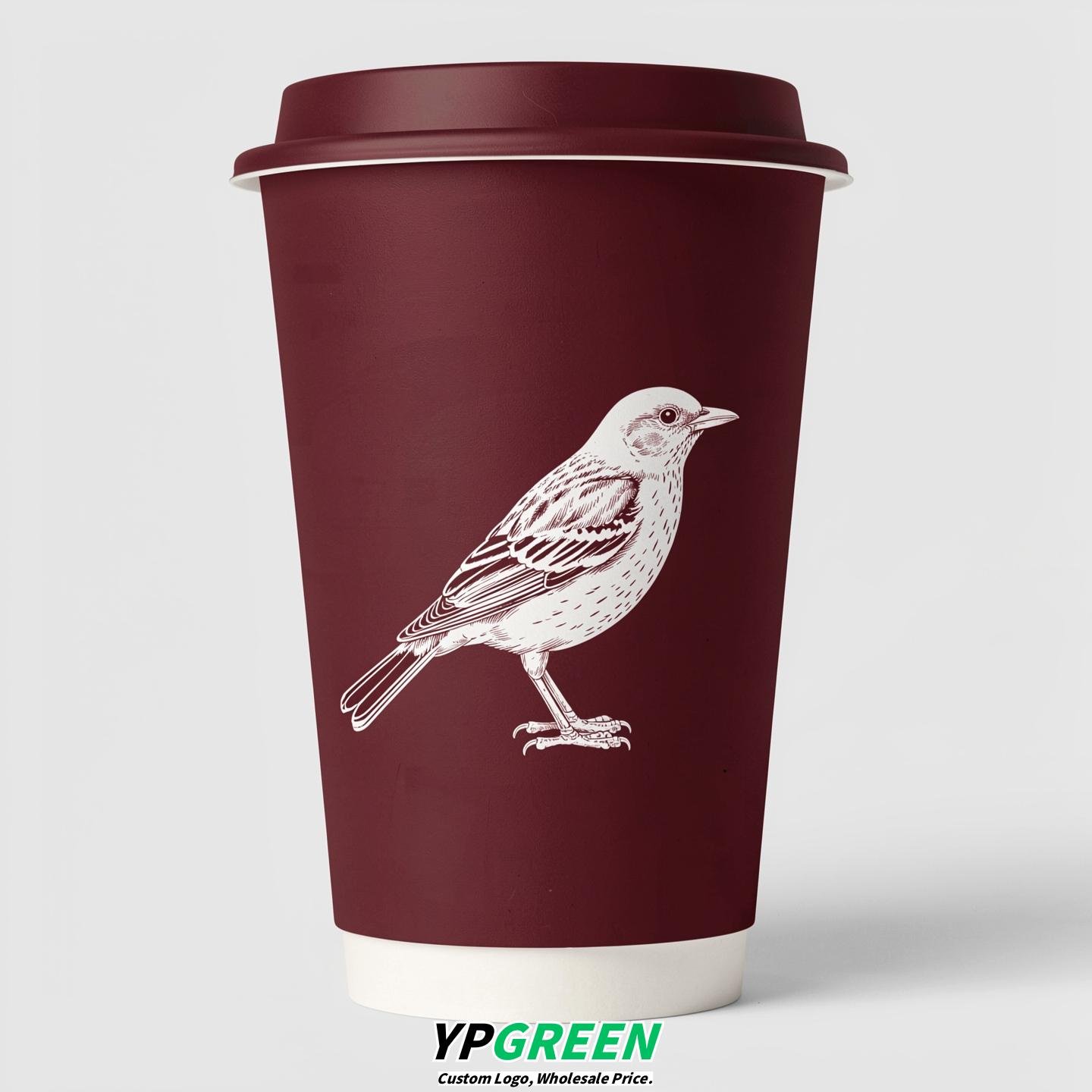 Burgundy Paper Cups with Bird Logo & Lids 8-24oz