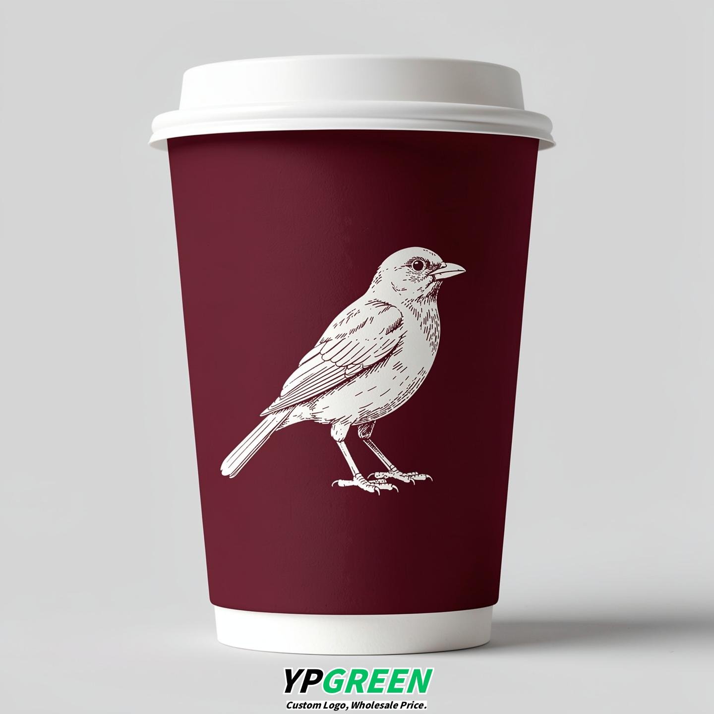 Burgundy Paper Cups with Bird Logo & Lids 8-24oz
