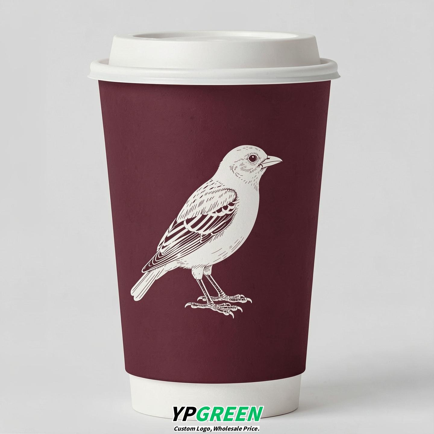 Burgundy Paper Cups with Bird Logo & Lids 8-24oz