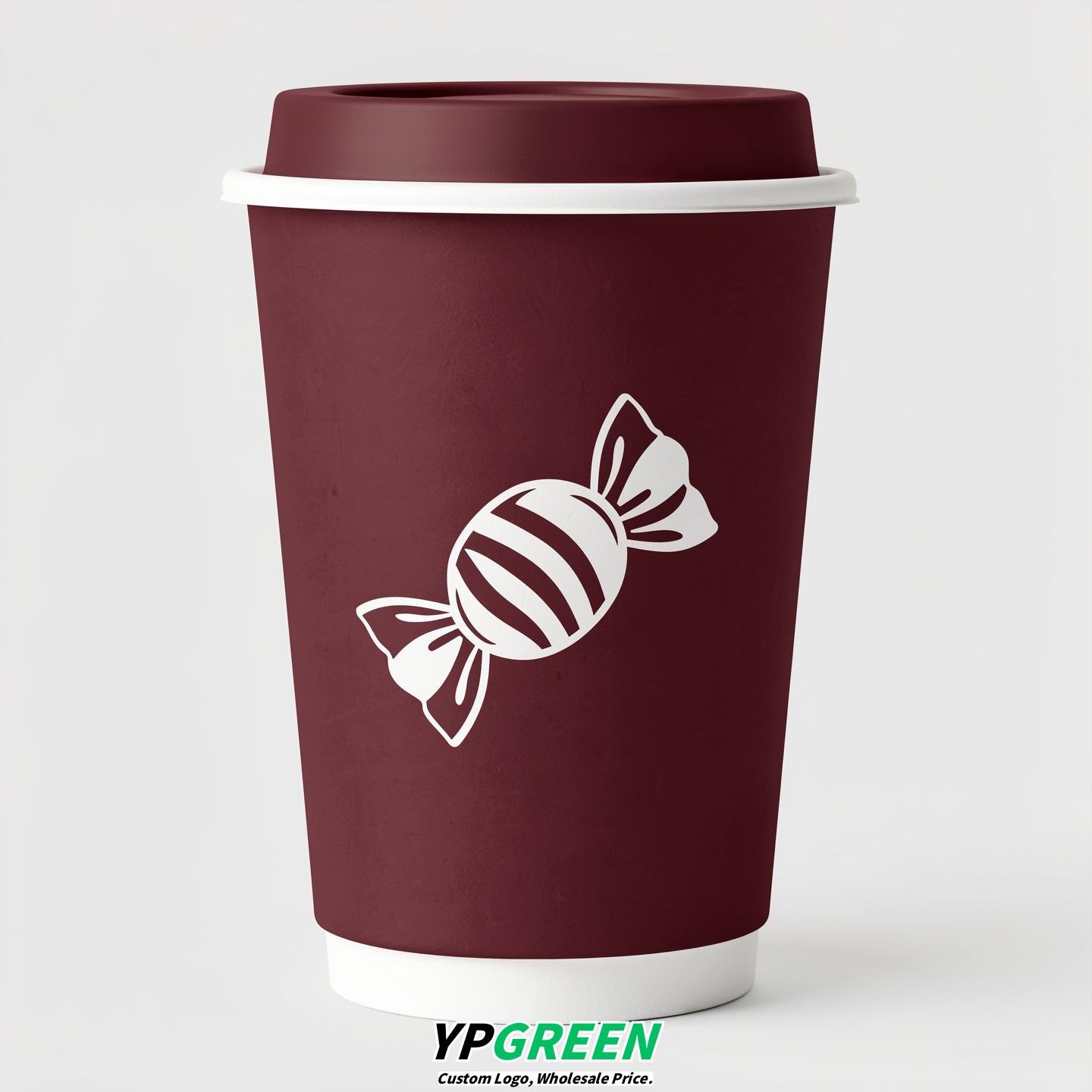 Burgundy Paper Cups with Candy Logo & Lids 8-24oz