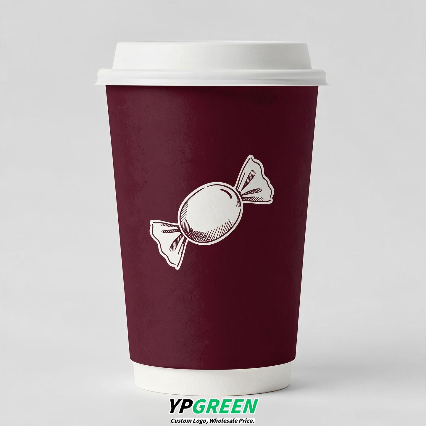 Burgundy Paper Cups with Candy Logo & Lids 8-24oz