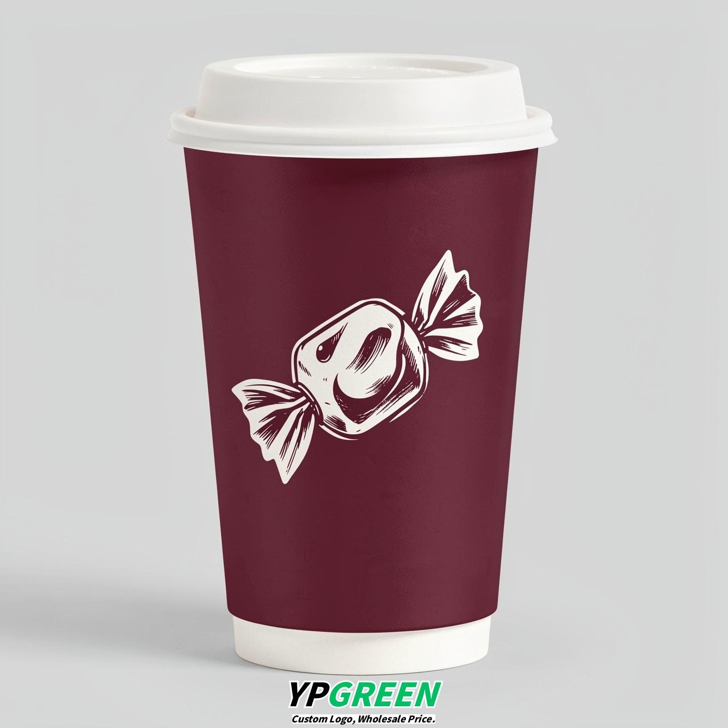 Burgundy Paper Cups with Candy Logo & Lids 8-24oz