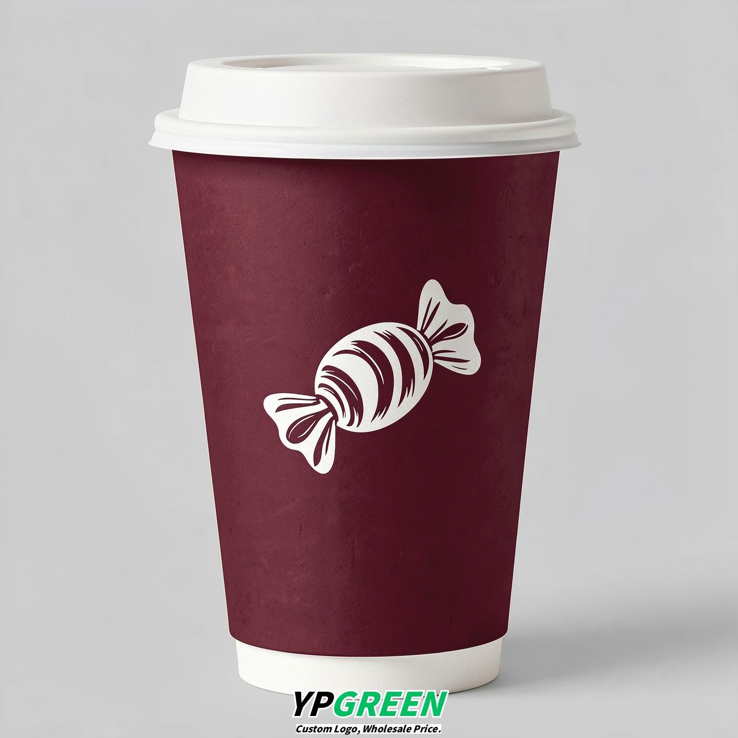 Burgundy Paper Cups with Candy Logo & Lids 8-24oz