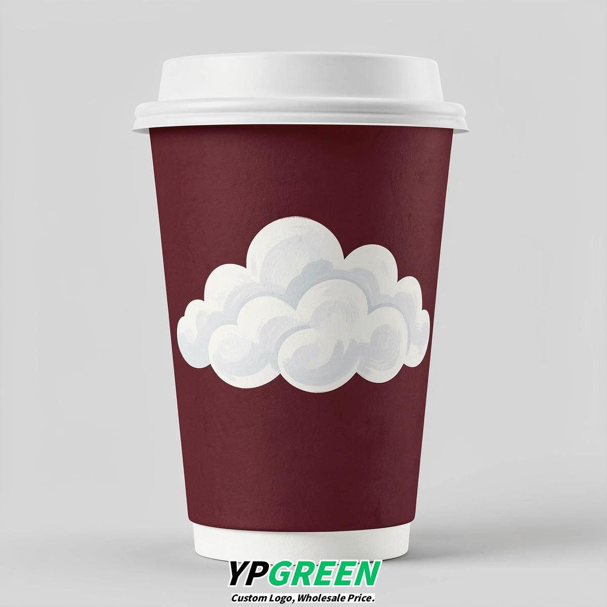 Burgundy Paper Cups with Clouds Logo & Lids 8-24oz