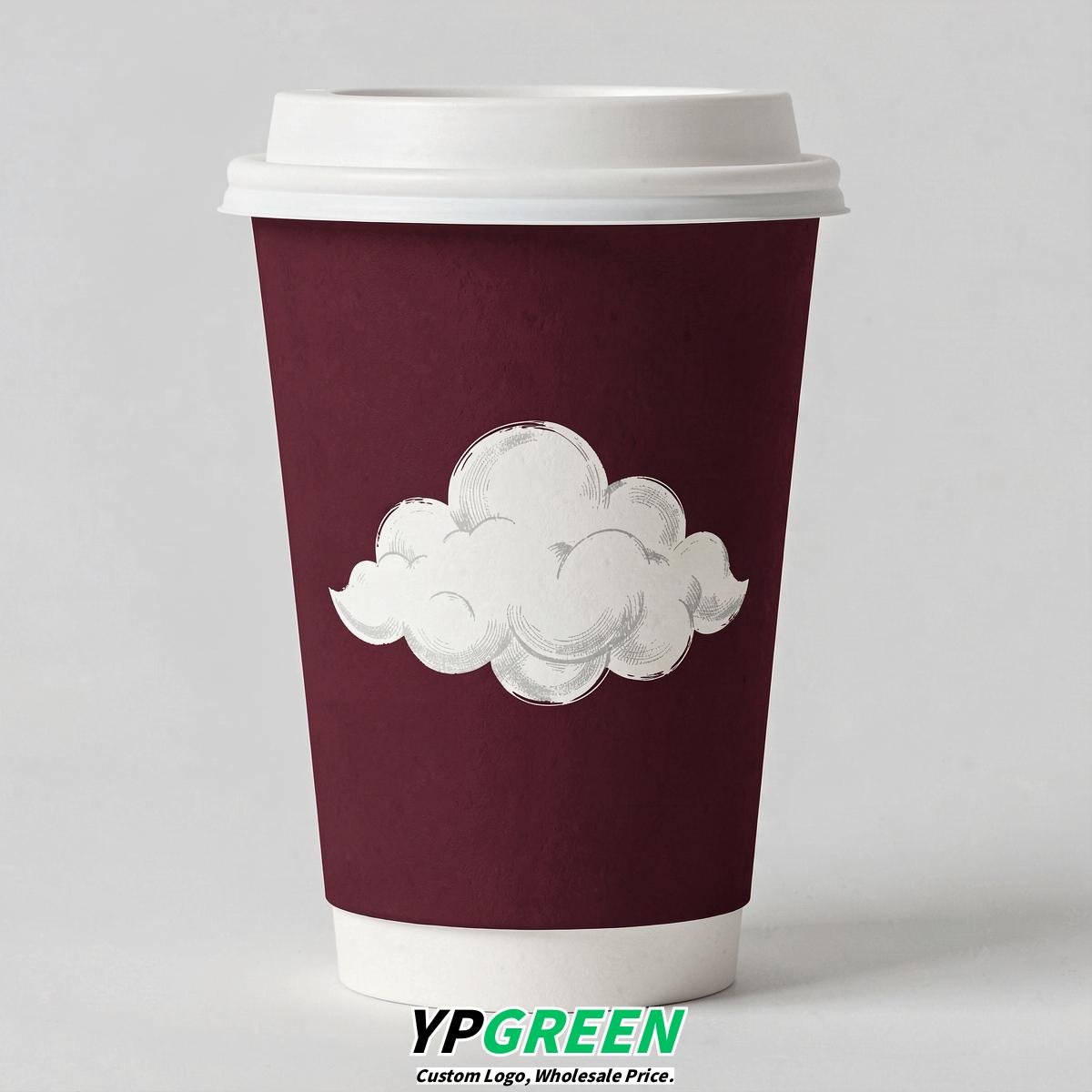 Burgundy Paper Cups with Clouds Logo & Lids 8-24oz