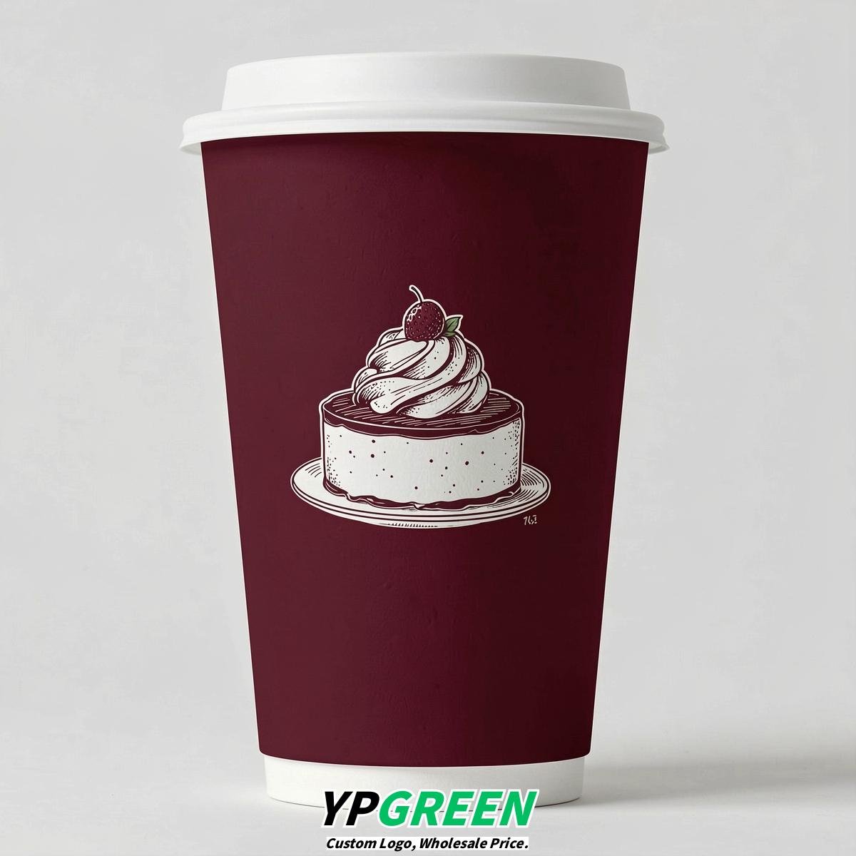 Burgundy Paper Cups with Desserts Design 8-24oz